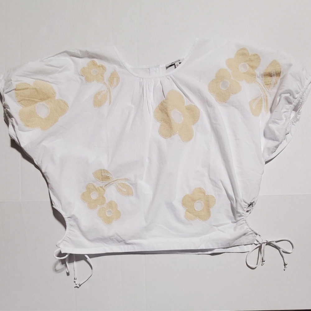 Madewell White Ruched Linen Crop Blouse with Yellow Accents - Picture 3 of 16